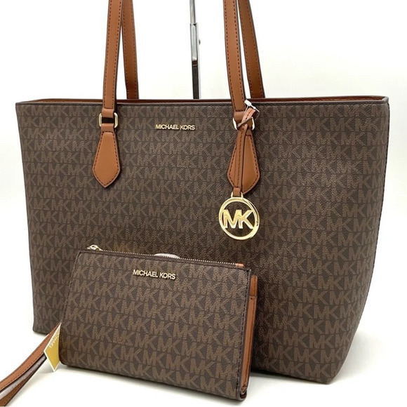 Michael Kors Bag Large Sheila Mf Tote Bag & Large Double Zip Wallet Brown/Gold - Picture 1 of 14